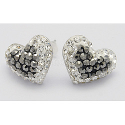 Austrian Crystal Ear Studs, with 925 Sterling Silver, Heart, Gray, 15.7mm, 12x15x5.4mm, Pin: 0.8mm