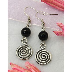 Dangle Vortex Earrings, with Tibetan Style Pendant, Glass Beads and Brass Earring Hook, Black, 46mm