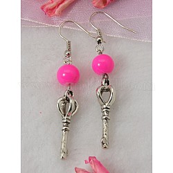 Fashion Earrings, with Tibetan Style Pendant, Glass Beads and Brass Earring Hook, Hot Pink, 56mm long