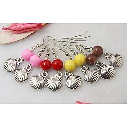 Shell Boucles d'oreilles, avec pendentif de style tibétain, perles de verre et crochet de boucle d'oreille en laiton , couleur mixte, 43mm