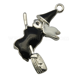 Alloy Enamel Pendants, Witch, Halloween, Platinum Color, Black, about 22mm wide, 27mm long, 3mm thick, hole: 2mm