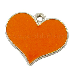 Pendente smaltati in lega,  piombo e cadmio libero, colore platino, cuore, arancione, 16.5x19.5x1mm