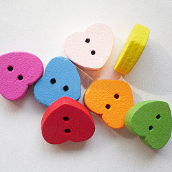 Botones de amor con 2 hoyos, Botones de madera, color mezclado, aproximamente 13 mm de largo, 15 mm de ancho