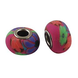 Eco-Friendly Polymer Clay European Beads, Nickel Color Brass Core, Rondelle, Deep Pink, about 15mm in diameter, 10mm thick, hole: 5mm