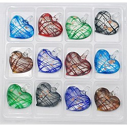 Handmade Silver Foil Glass Pendants, with Gold Sand, Heart, Mixed Color, Size: about 50mm long, 45mm wide, 12mm thick, hole: 5mm, about 12pcs/box