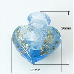 Handmade Silver Foil Glass Perfume Bottle Pendants, with Luminous Powder and Goldensand, Heart, Light Blue, 28x25x15mm, Hole: 5mm