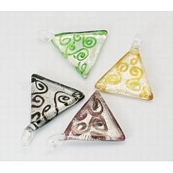 Handmade Silver Foil Glass Pendants, Triangle, Mixed Color, Size: about 44mm wide, 51mm long, 7.5mm thick, hole: 6mm wide, 4.5mm long