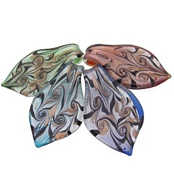Handmade Silver Foil Glass Big Pendants, with Gold Sand, Leaf, Mixed Color, Size: about 65mm long, 36mm wide, hole: 6mm