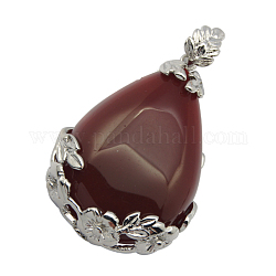 Natural Red Agate Pendants, with Alloy Findings, Teardrop, Dark Red, 38x26x8mm, Hole: 5x4mm