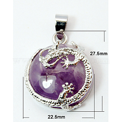 Pendentifs en améthyste naturelle, avec les accessoires en alliage, plat rond, violet, 27.5x22.5x10mm, Trou: 6x4mm