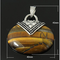 Oval Alloy Natural Tiger Eye Pendants, Antique Silver, 45x40x11mm, Hole: 8x4.5mm