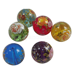 Printed Glass Beads, Round, Mixed Color, about 12mm in diameter, 11.5mm thick, hole: 1.5mm