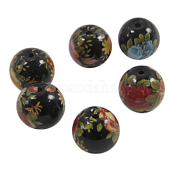 Printed Glass Beads, Round, Mixed Color, about 16mm in diameter, 15mm thick, hole: 2mm