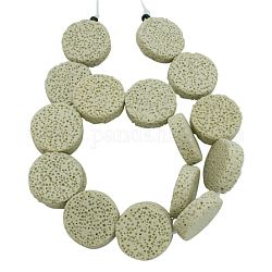 Brins de perles de pierre de lave naturelle, teinte, plat rond, beige, environ 20~21 mm de diamètre, épaisseur de 6mm, Trou: 1mm, environ 19 pcs / brin, 15 pouce