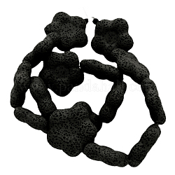 Hebras de cuentas de piedras preciosas de roca de lava natural, teñido, flor, negro, aproximamente 27~28 mm de diámetro, agujero: 2 mm, aproximamente 15 pcs / cadena, 15 pulgada