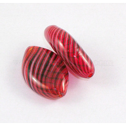 Handmade Blown Glass Beads, Red, Flat Oval, Red, about 25~27mm long, 15~16mm wide, 7~9mm thick, hole:1.5~2mm
