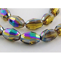 Glass Beads, Faceted Oval, Darkyellow, Half Plated Colorful, beads: 9mm long, 6mm wide, hole:1mm, about 13.8inch/strand, 39pcs/strand