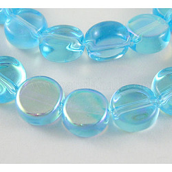 13 inch Flat Round AB Color Plated Glass Beads, Aqua, Bead: 8mm in diameter, 4mm thick, hole: 1mm, about 44pcs/strand