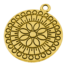 Tibetan Style Alloy Pendants, Flat Round, Lead Free and Cadmium Free, Antique Golden, 32x27x1.5mm, Hole: 2mm