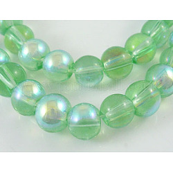 Round Glass Beads Strands, AppleGreen, AB Color Plated, bead: 6mm in diameter, hole: 1mm, about 15 inch/strand, about 55pcs/strand