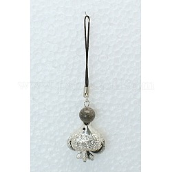 Cell Phone Charm Straps, with Round Jade Beads, Alloy Beads and Cord Loop with Brass Ends and Iron Rings, Gray, Size: about 95mm long