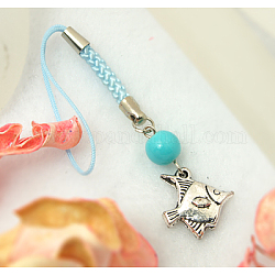 Cell Phone Straps, with Round Glass Beads, Tibetan Style Beads and Cord Loop with Alloy Findings and Nylon Cord, Cyan, 100mm