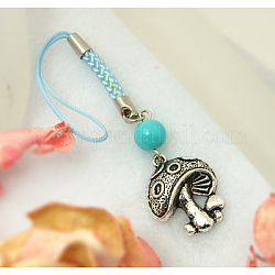 Mobile Straps, with Round Glass Beads, Tibetan Style Beads and Cord Loop with Alloy Findings and Nylon Cord, Cyan, 108mm