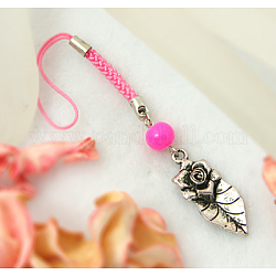 Cell Phone Charm Straps, with Round Glass Beads, Tibetan Style Beads and Cord Loop with Alloy Findings and Nylon Cord, Hot Pink, 122mm