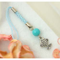 Mobile Straps, with Round Glass Beads, Tibetan Style Beads and Cord Loop with Alloy Findings and Nylon Cord, Cyan, 97mm