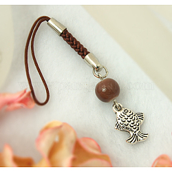 Mobile Straps, with Round Glass Beads, Tibetan Style Beads and Cord Loop with Alloy Findings and Nylon Cord, Sienna, 97mm