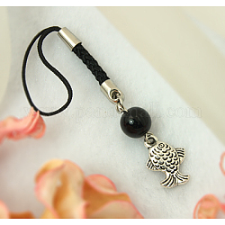 Mobile Straps, with Round Glass Beads, Tibetan Style Beads and Cord Loop with Alloy Findings and Nylon Cord, Black, 97mm