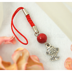 Mobile Straps, with Round Glass Beads, Tibetan Style Beads and Cord Loop with Alloy Findings and Nylon Cord, Red, 97mm