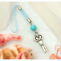 Mobile Straps, with Round Glass Beads, Tibetan Style Beads and Cord Loop with Alloy Findings and Nylon Cord, Cyan, 118mm