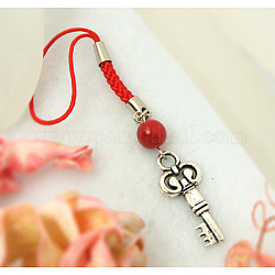 Mobile Straps, with Round Glass Beads, Tibetan Style Beads and Cord Loop with Alloy Findings and Nylon Cord, Red, 118mm