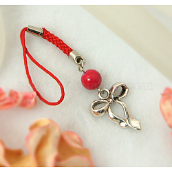 Mobile Straps, with Round Glass Beads, Tibetan Style Beads and Cord Loop with Alloy Findings and Nylon Cord, Red, 105mm