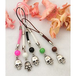 Halloween Cell Phone Straps, with Round Glass Beads, Tibetan Style Beads and Cord Loop with Alloy Findings and Nylon Cord, Mixed Color, 97mm