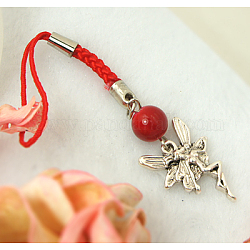 Mobile Straps, with Round Glass Beads, Tibetan Style Beads and Cord Loop with Alloy Findings and Nylon Cord, Red, 92mm