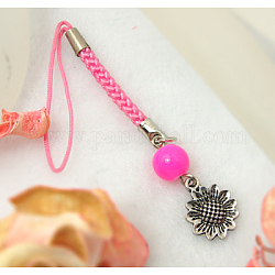Mobile Straps, with Round Glass Beads, Tibetan Style Beads and Cord Loop with Alloy Findings and Nylon Cord, Hot Pink, 95mm