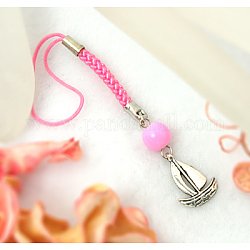 Mobile Straps, with Round Glass Beads, Tibetan Style Beads and Cord Loop with Alloy Findings and Nylon Cord, Pink, 104mm
