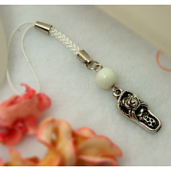 Mobile Straps, with Round Glass Beads, Tibetan Style Beads and Cord Loop with Alloy Findings and Nylon Cord, White, 112mm