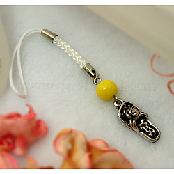 Mobile Straps, with Round Glass Beads, Tibetan Style Beads and Cord Loop with Alloy Findings and Nylon Cord, Yellow, 112mm