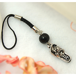 Mobile Straps, with Round Glass Beads, Tibetan Style Beads and Cord Loop with Alloy Findings and Nylon Cord, Black, 112mm