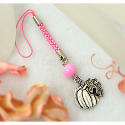 Cell Phone Straps for Halloween, with Round Glass Beads, Tibetan Style Beads and Cord Loop with Alloy Findings and Nylon Cord, Pink, 107mm