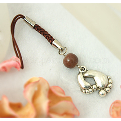 Cell Phone Charm Straps, with Round Glass Beads, Tibetan Style Beads and Cord Loop with Alloy Findings and Nylon Cord, Sienna, 105mm