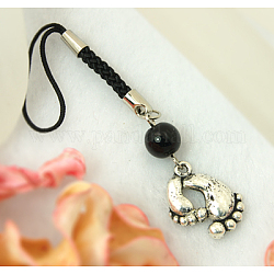 Cell Phone Charm Straps, with Round Glass Beads, Tibetan Style Beads and Cord Loop with Alloy Findings and Nylon Cord, Black, 105mm
