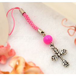Cell Phone Straps, with Round Glass Beads, Tibetan Style Beads and Cord Loop with Alloy Findings and Nylon Cord, Hot Pink, 110mm