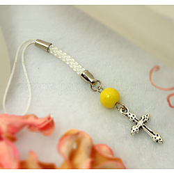 Cell Phone Charm Straps, with Round Glass Beads, Tibetan Style Beads and Cord Loop with Alloy Findings and Nylon Cord, Yellow, 98mm