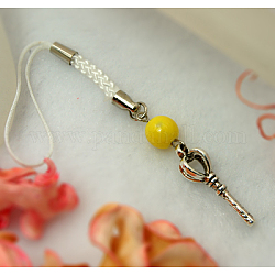 Mobile Straps, with Round Glass Beads, Tibetan Style Beads and Cord Loop with Alloy Findings and Nylon Cord, Yellow, 115mm