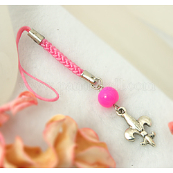 Mobile Straps, with Round Glass Beads, Tibetan Style Beads and Cord Loop with Alloy Findings and Nylon Cord, Hot Pink, 105mm