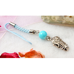 Fashion Mobile Straps, with Round Glass Beads, Tibetan Style Beads and Cord Loop with Alloy Findings and Nylon Cord, Cyan, 110mm